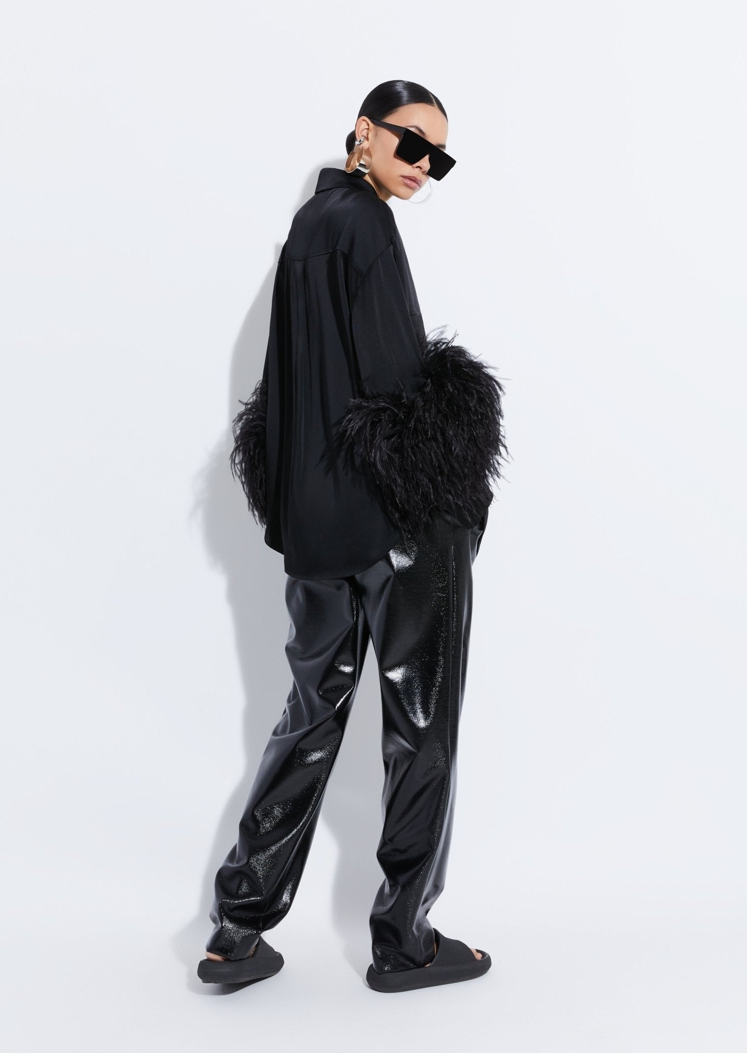 Satin Button Down With Feathers - 3