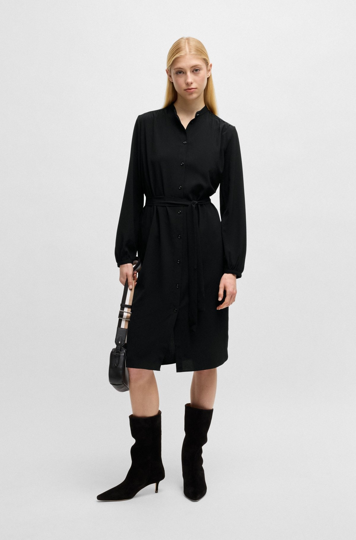 BELTED SHIRT DRESS IN CREPE GEORGETTE WITH STAND COLLAR - 2