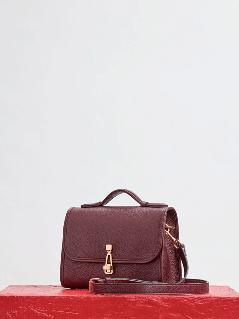 Small Leonora Flap Bag in Bordeaux Textured Leather 4
