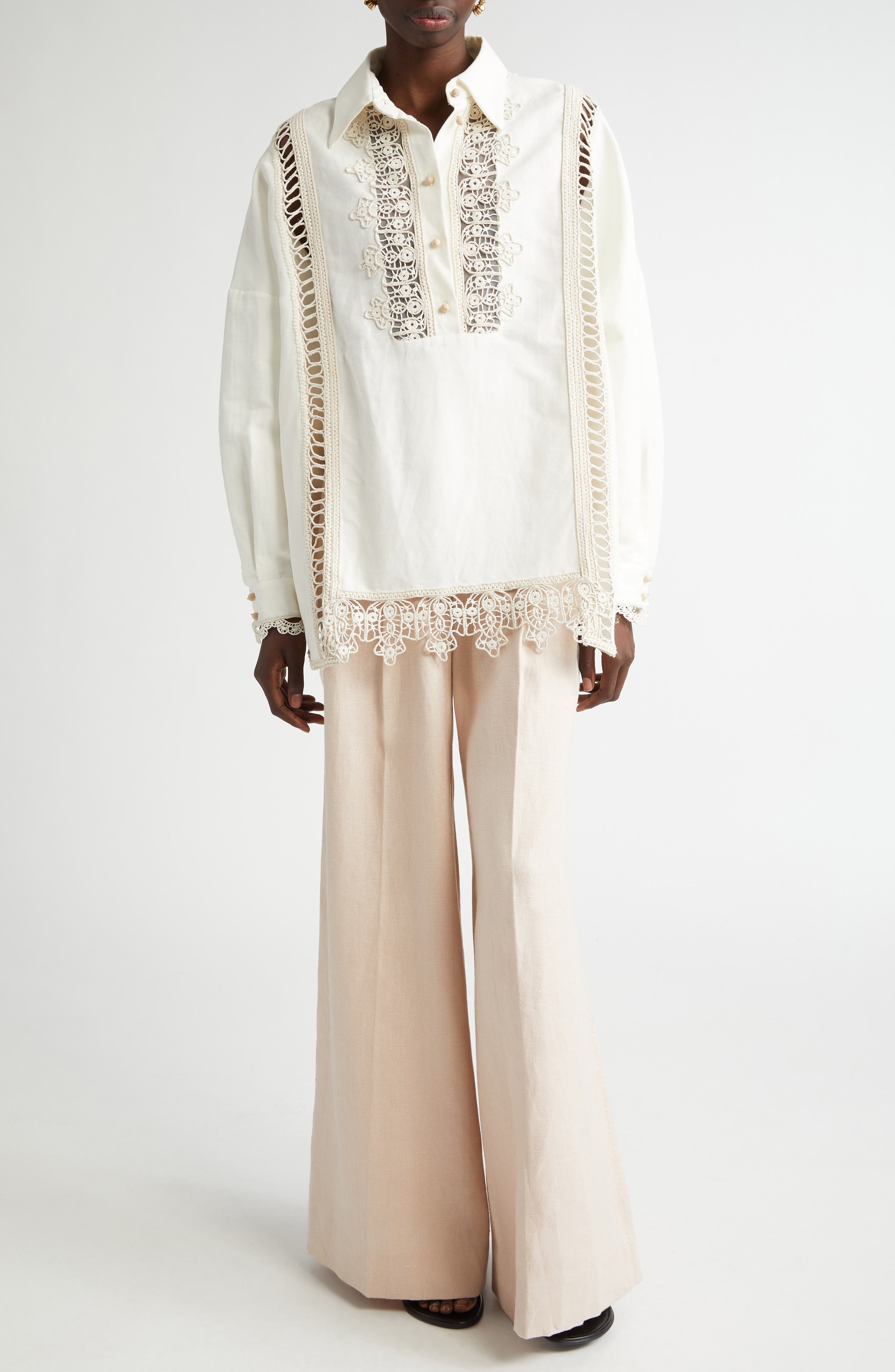 Zimmermann Macramé Lace Trim Linen Shirt in Cream at Nordstrom - 2