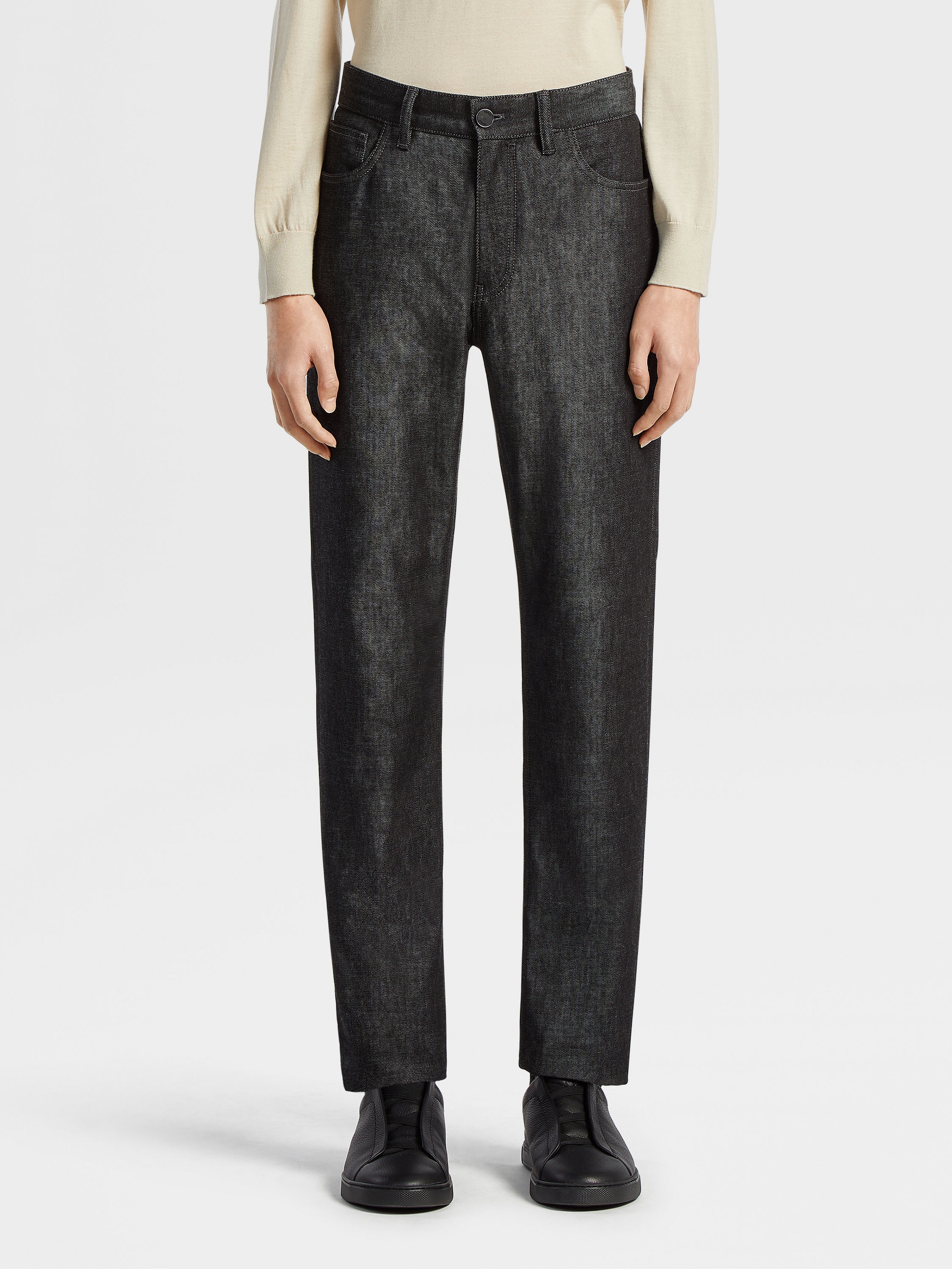BLACK RINSE-WASHED COTTON AND CASHMERE ROCCIA JEANS - 2