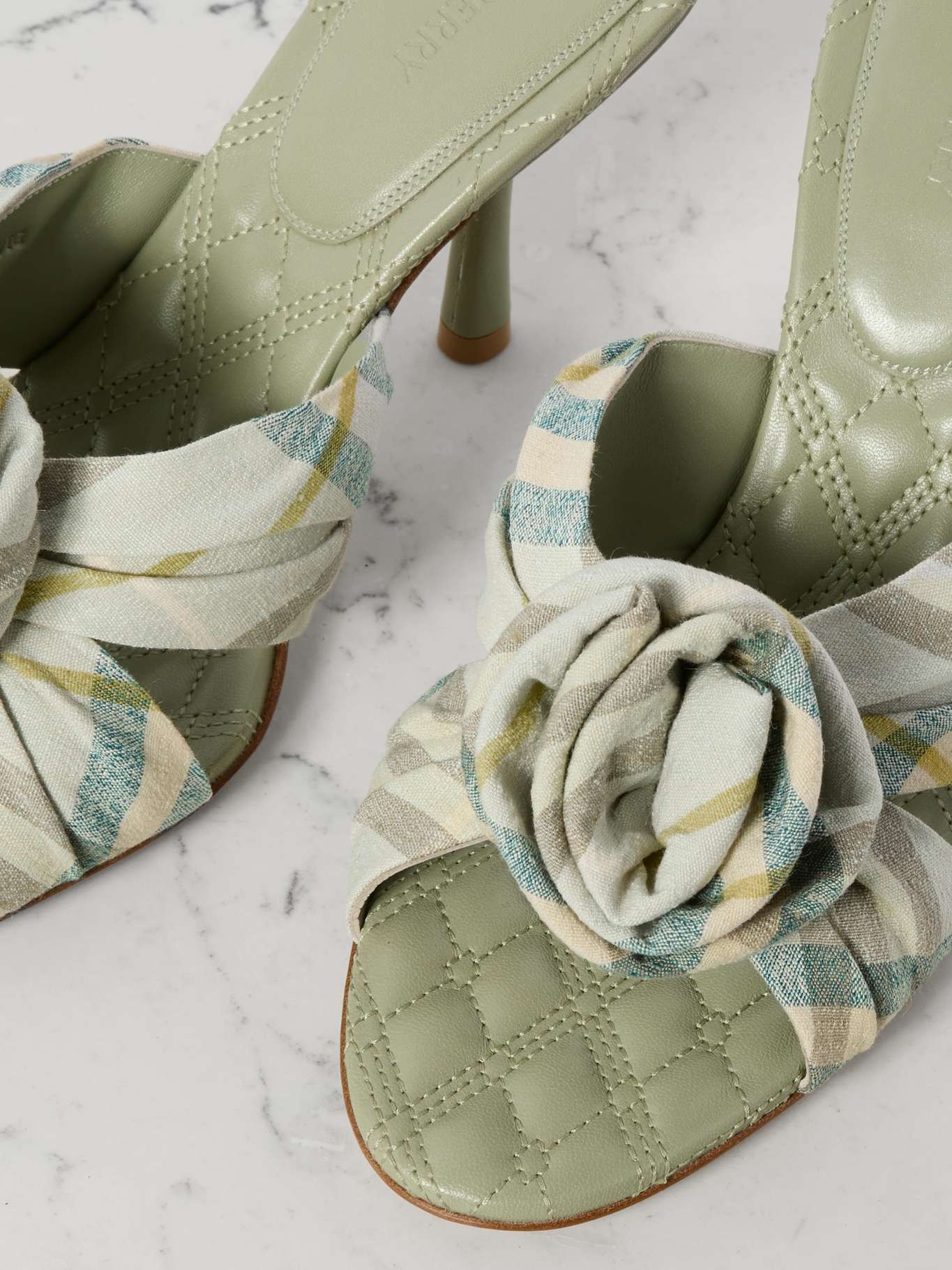 Appliquéd checked stretch-linen mules Ecru - 4