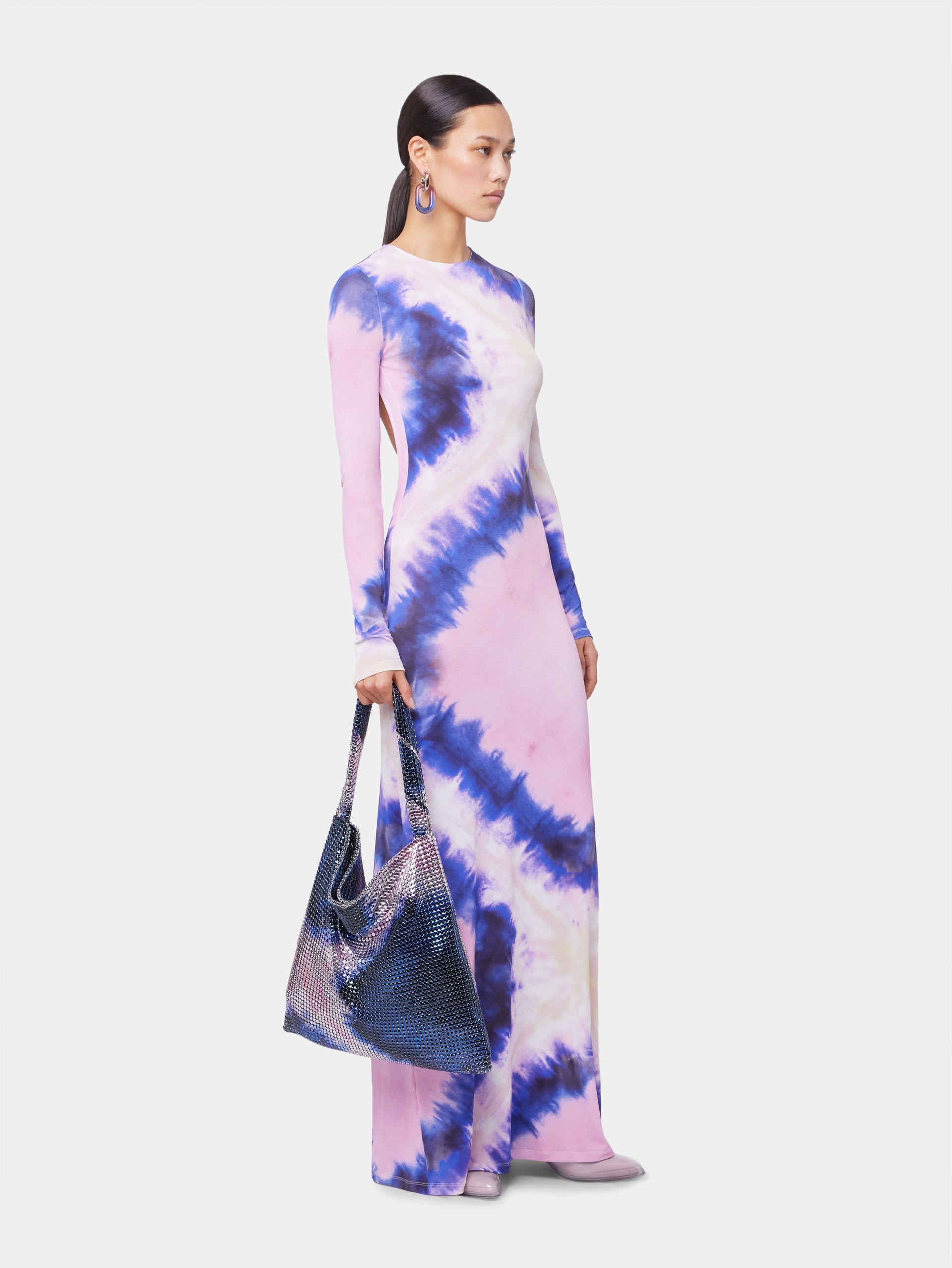 PINK TIE-DYE LONG BACKLESS DRESS IN PRINTED JERSEY - 3