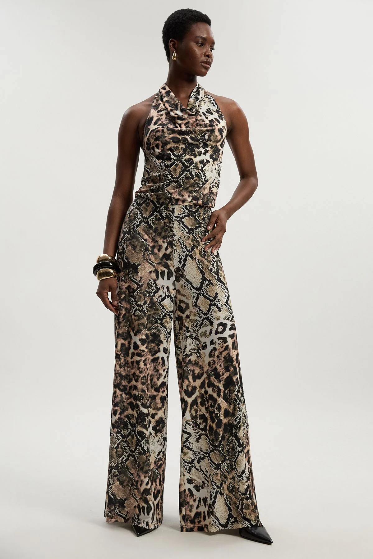 Snake Print Halter Neck Jersey Crepe Jumpsuit - 1