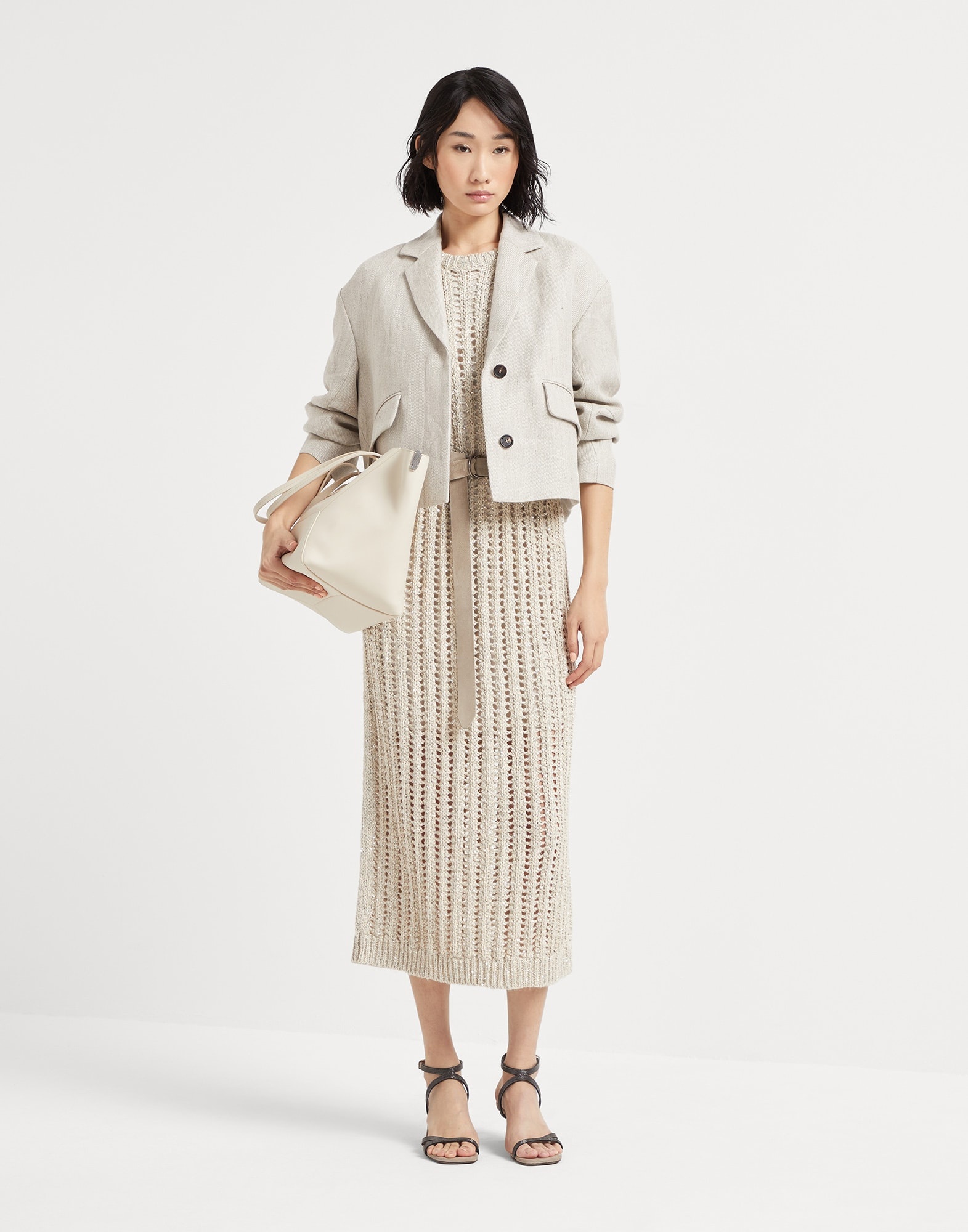 Dazzling silk and linen openwork rib knit dress with suede belt - 5