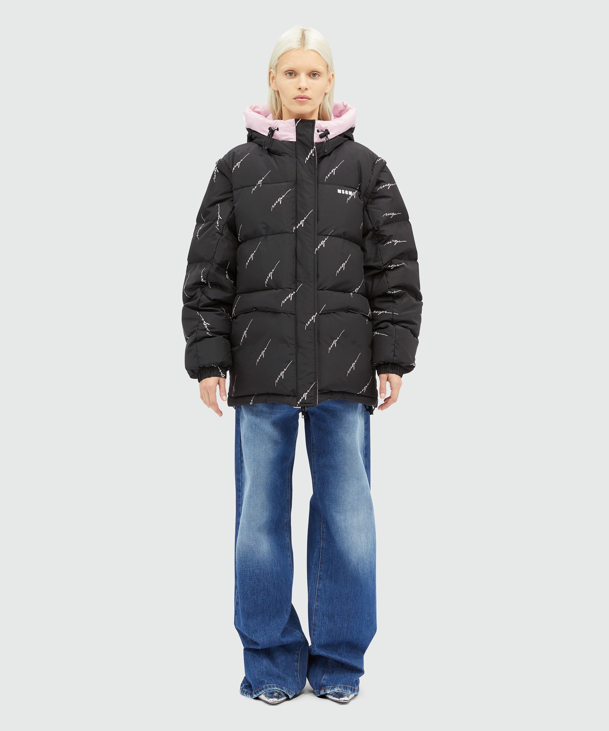 MSGM｜JACKETS (3741MDH12 237705 99) MSGM Black nylon down jacket with cursive logo | REVERSIBLE