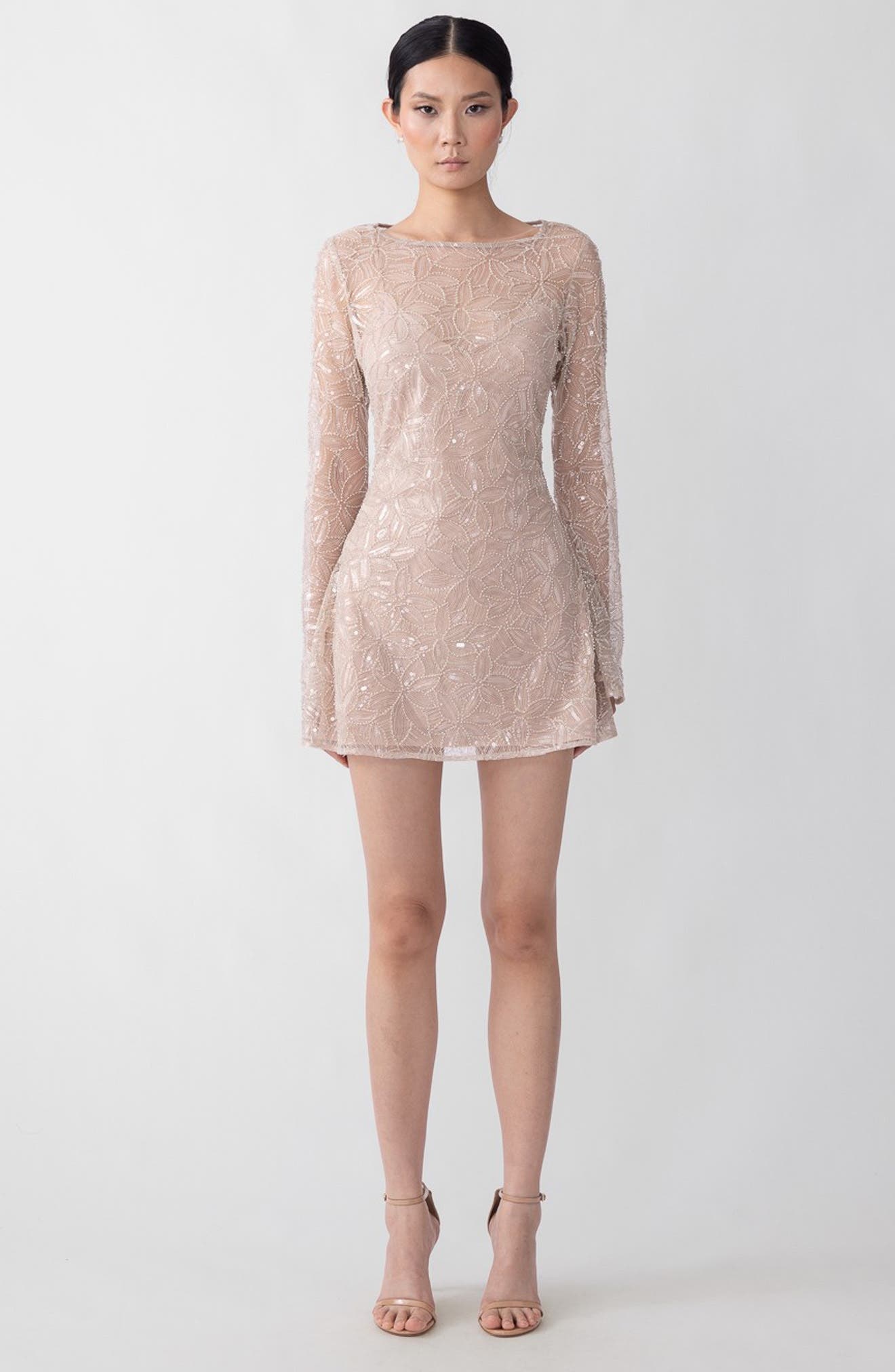 SAU LEE Odessa Beaded Floral Long Sleeve Cocktail Minidress in Beige at Nordstrom - 5