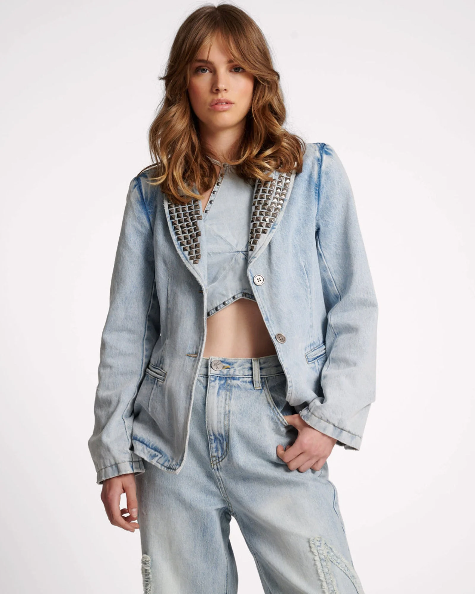 Studded Denim Blazer - Diamonde - 1