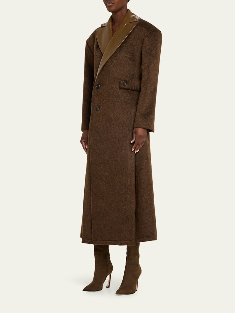 Shiny-Leather Lapels Double-Breasted Faux-Fur Trench Coat 4