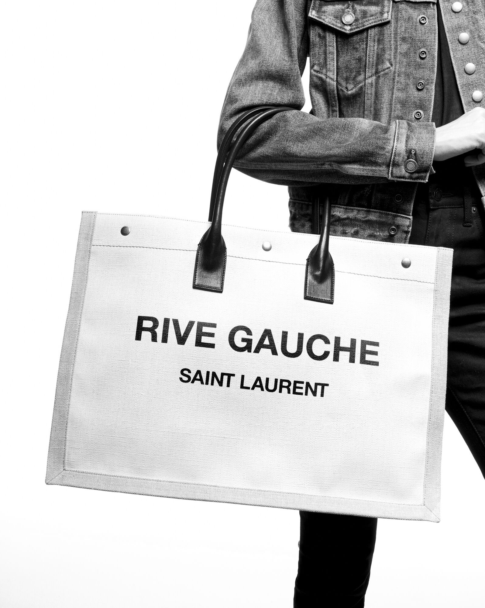 rive gauche tote bag in striped canvas and smooth leather - 2