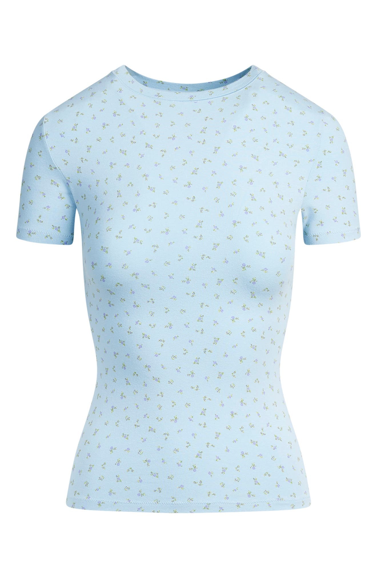SKIMS Stretch Cotton Jersey T-Shirt in Powder Blue Micro Floral at Nordstrom - 3