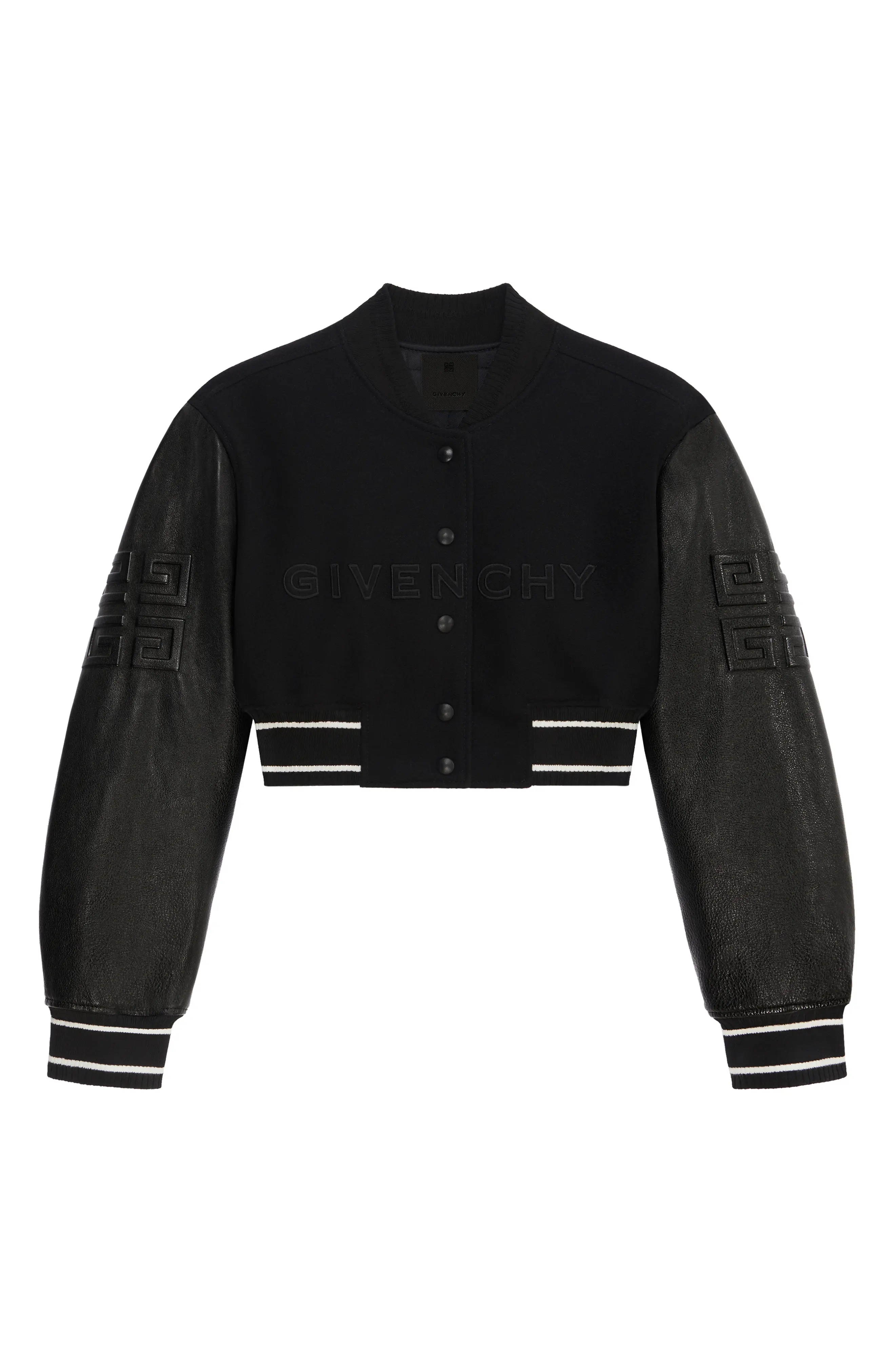 【GIVENCHY】CROPPED VARSITY W/ LEATHER SLEEVES Givenchy Leather Sleeve Logo Crop Varsity Jacket | Nordstrom