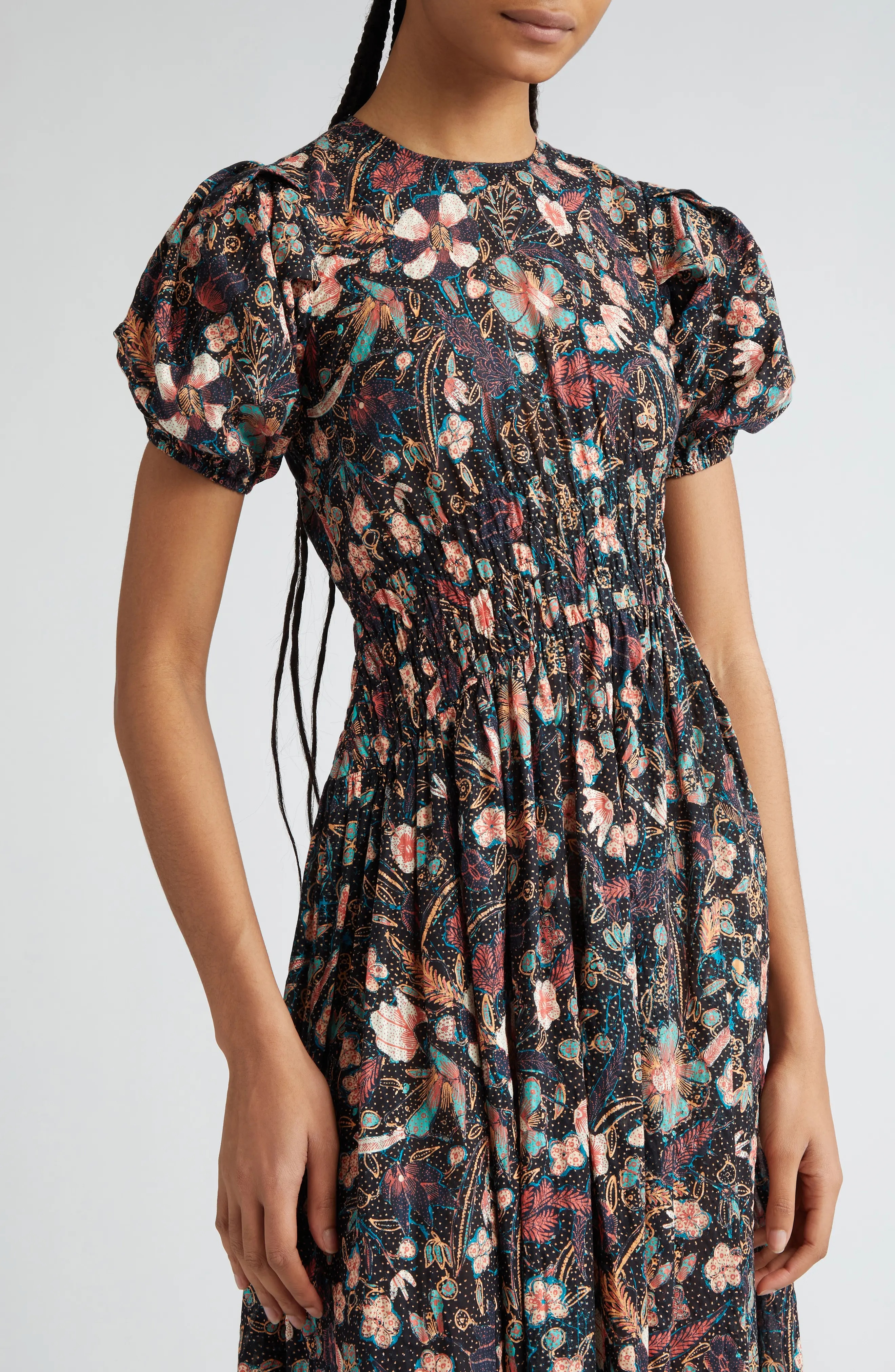 Eden Floral Puff Sleeve Cotton Blend Midi Dress - 4