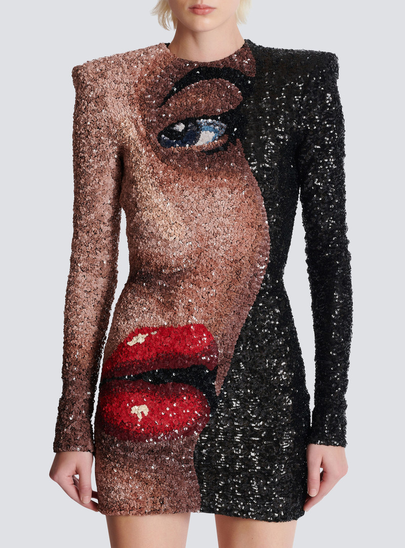Short embroidered dress with Face motif 5