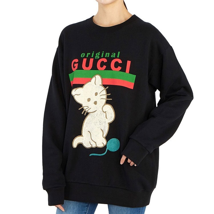 (WMNS) Gucci Cat Logo Printing Pullover Black 617964-XJCRU-1082 - 4