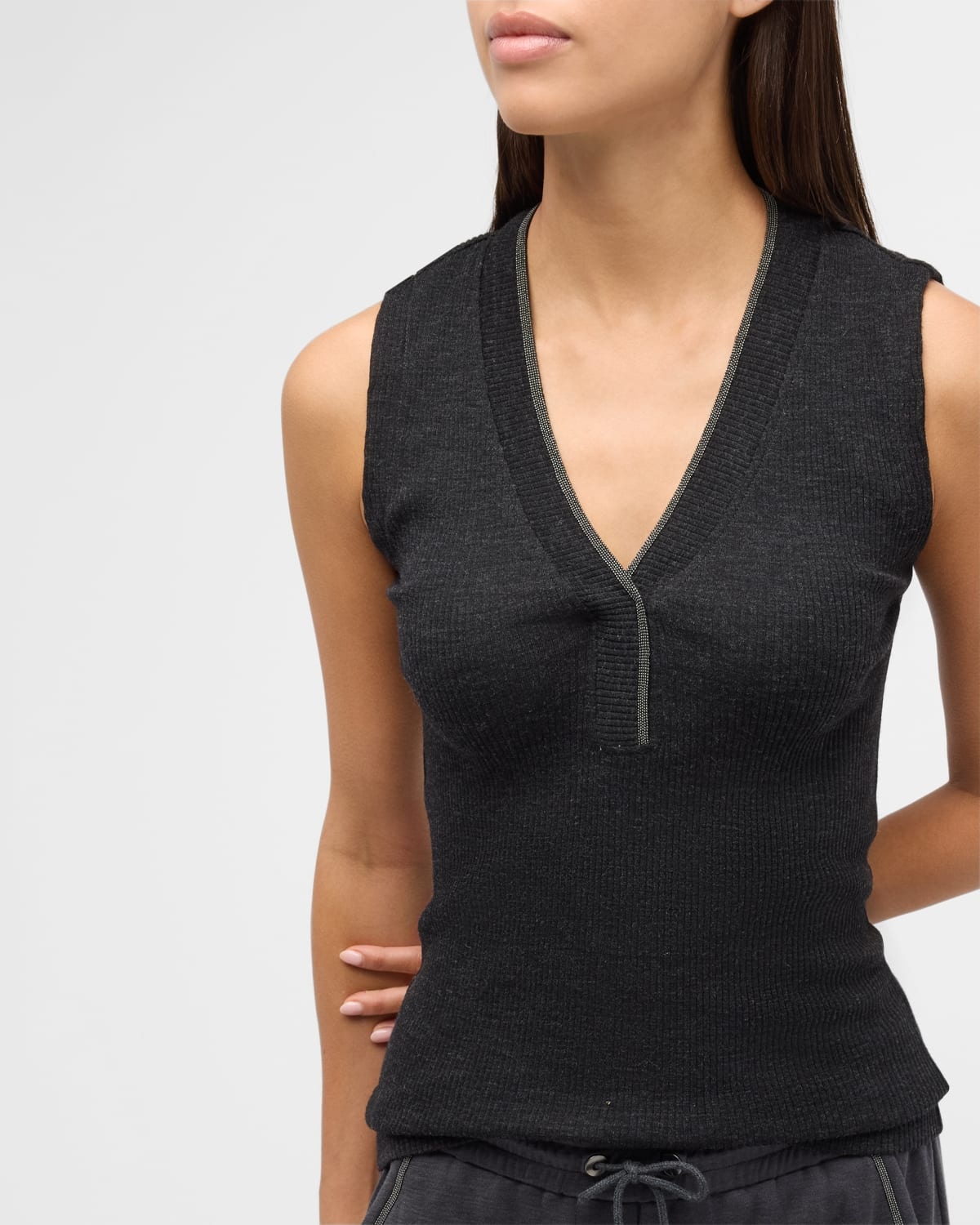 Monili V-Neck Wool Rib Jersey Tank Top - 7