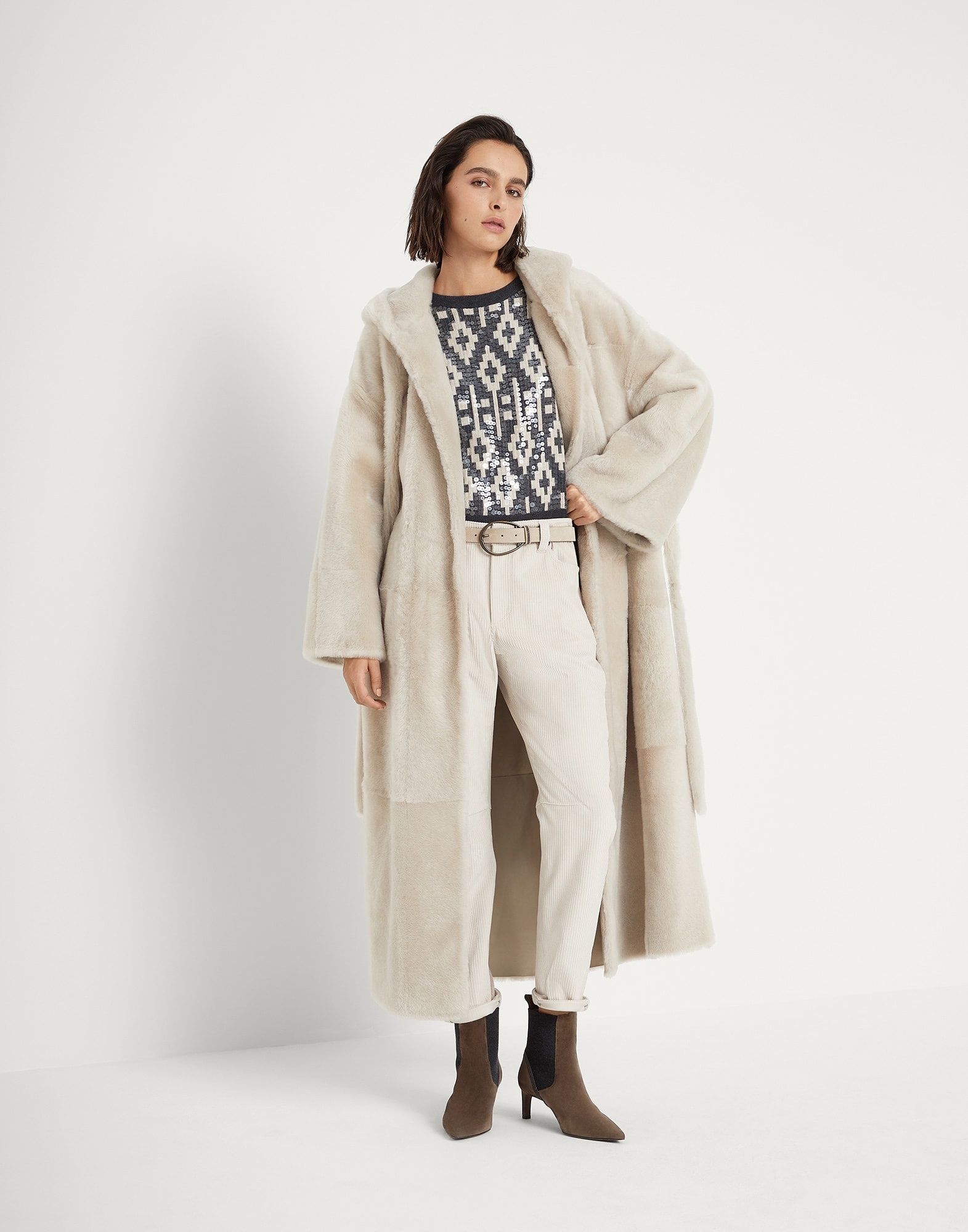 Reversible shearling coat with hood, belt and monili - 5