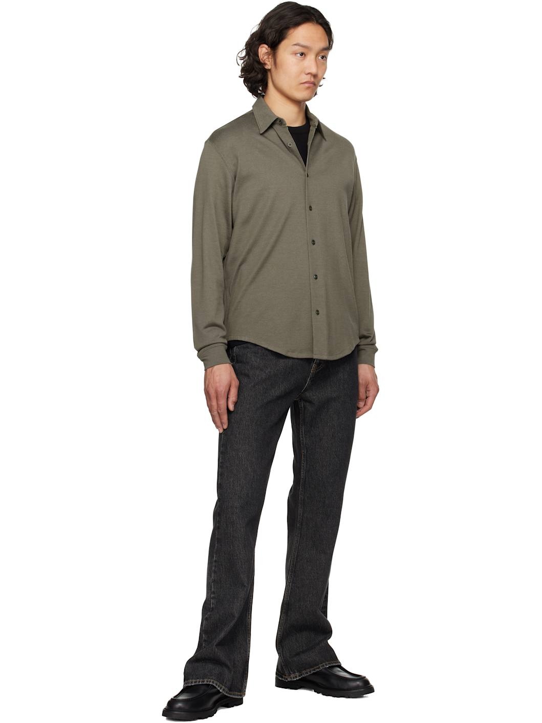 Khaki Long-Sleeve Jersey Button Down Shirt - 4