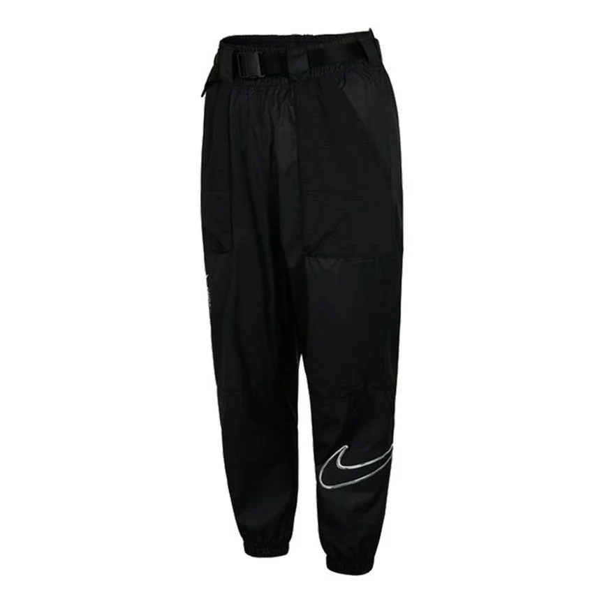 (WMNS) Nike Logo Sports Adjustable Belt Bundle Feet Woven Long Pants/Trousers Autumn Black DJ8997-01 - 1