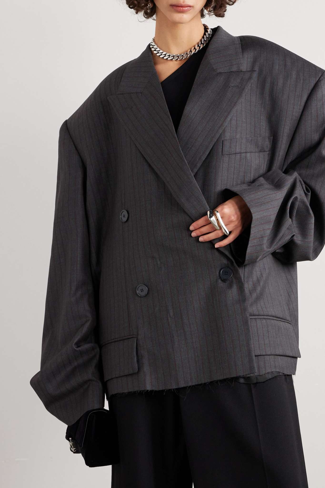 Oversized double-breasted distressed pinstriped wool blazer - 3