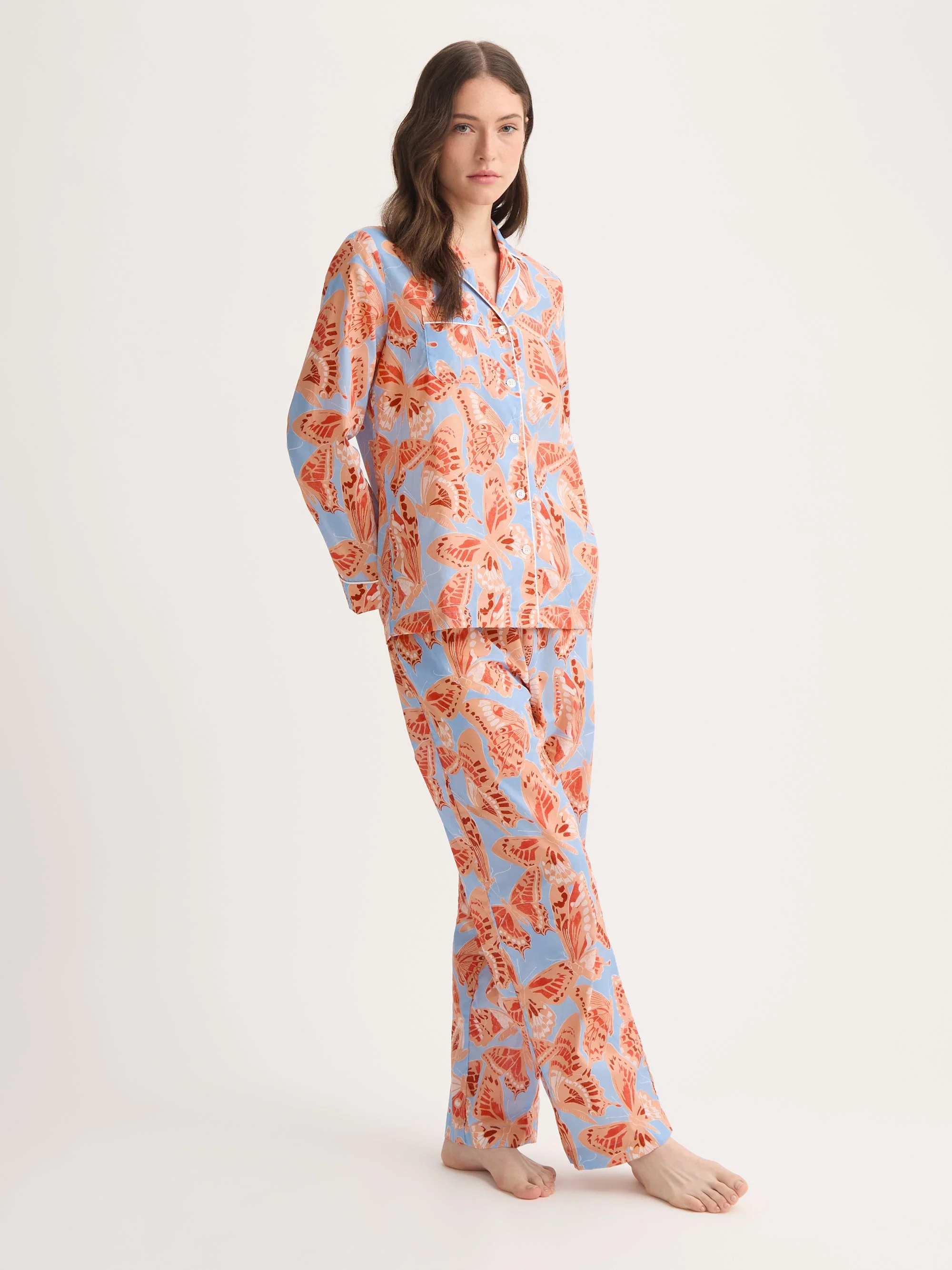 Women's Pajamas Cotton Batiste Light Blue & Peach Butterfly Print - 1