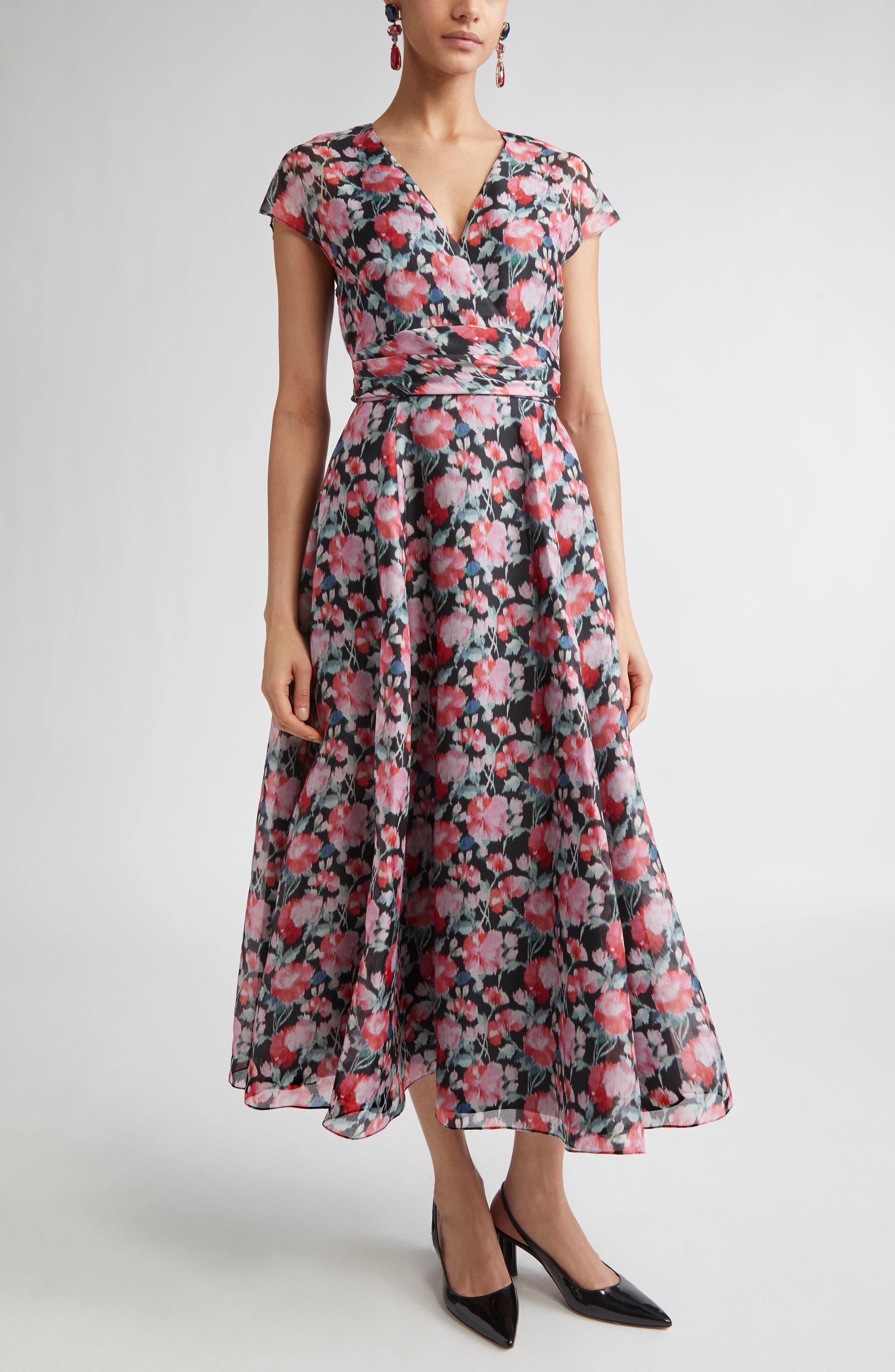 Carolina Herrera Peony Print Cap Sleeve Silk Organza Midi Dress in Pink Multi at Nordstrom - 1