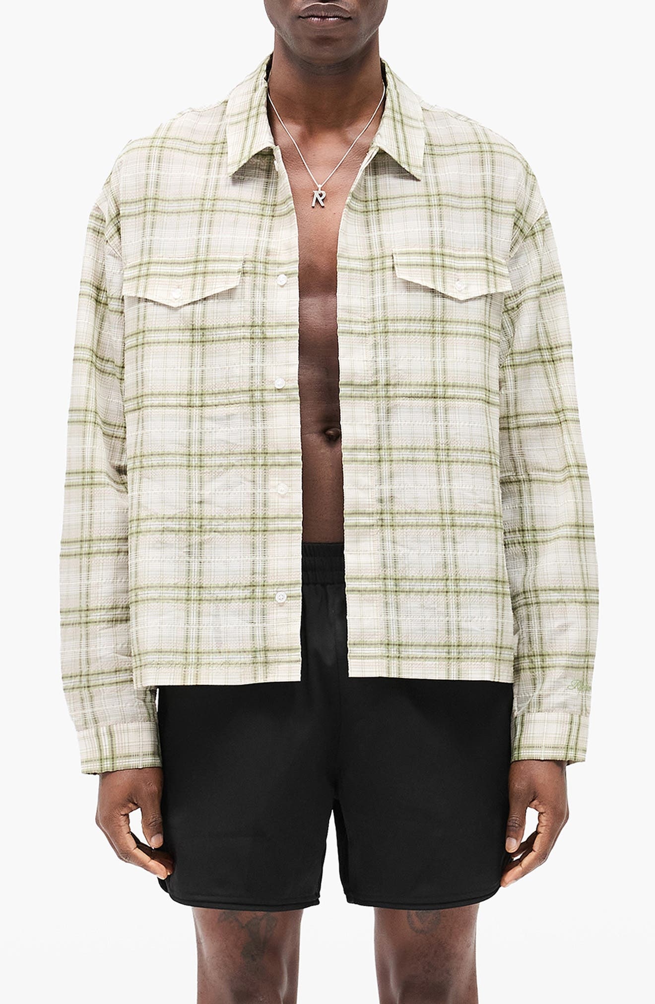 Represent Plaid Texture Sheer Flannel Button-Up Shirt in Green at Nordstrom - 1