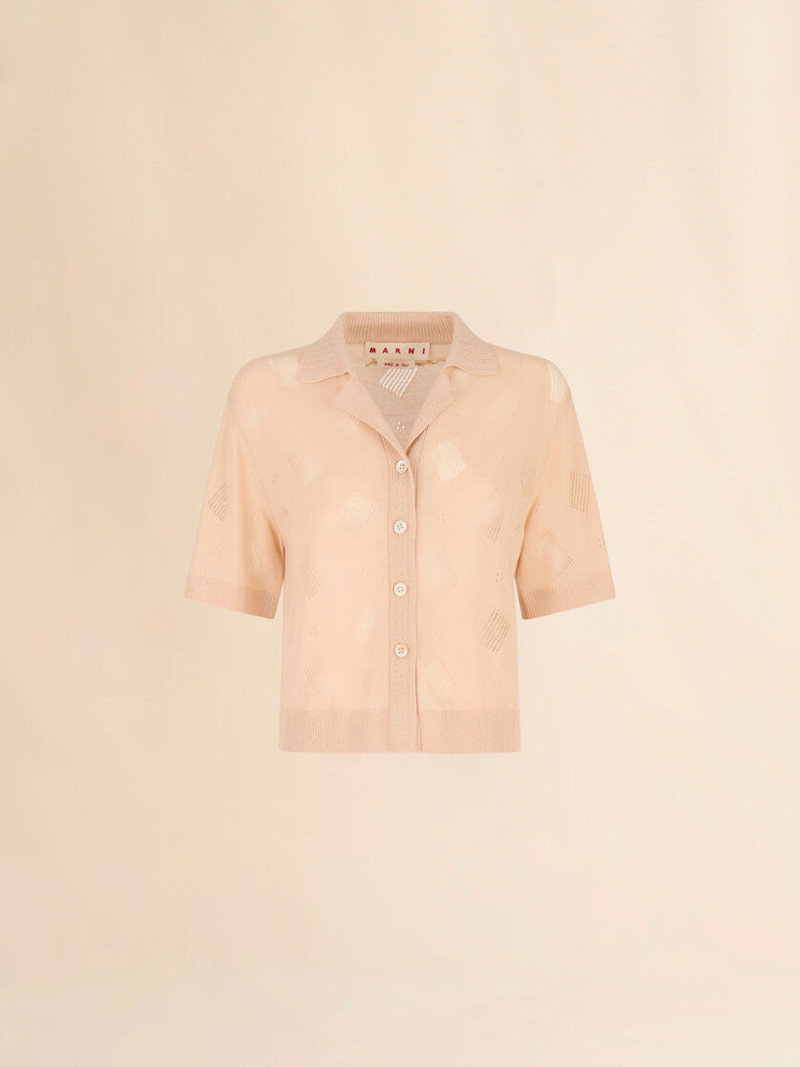 PALE PEACH WOOL-SILK KNIT OPENWORK SHIRT 1