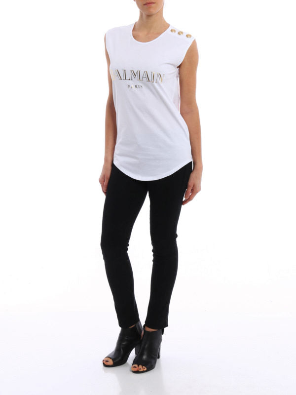 Balmain Women White Button Embellished Logo Printed Tank Top/Cami - 4