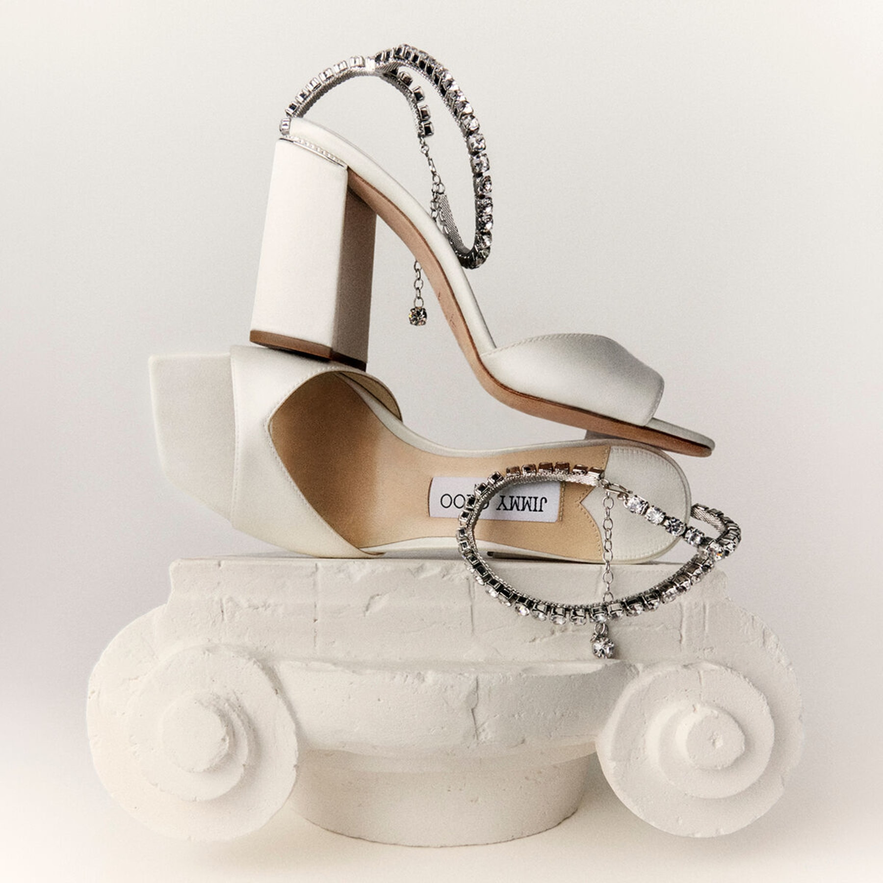 Saeda Sandal 85
Ivory Satin Block Heel Sandals with Swarovski Crystal Chain - 6