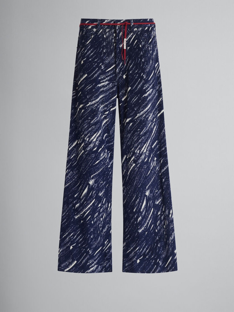 BLUE FLOCKED DENIM FLARED JEANS WITH CRAYON PRINT 1