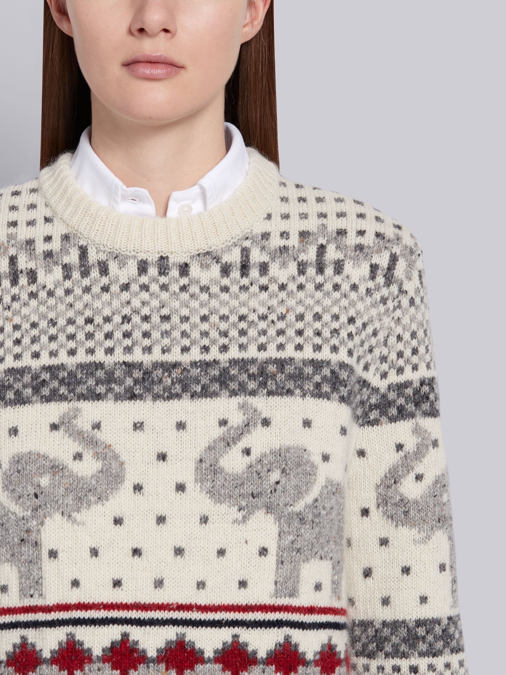 White Mohair Wool Tweed Elephant Icon Fair Isle Crewneck Pullover - 5