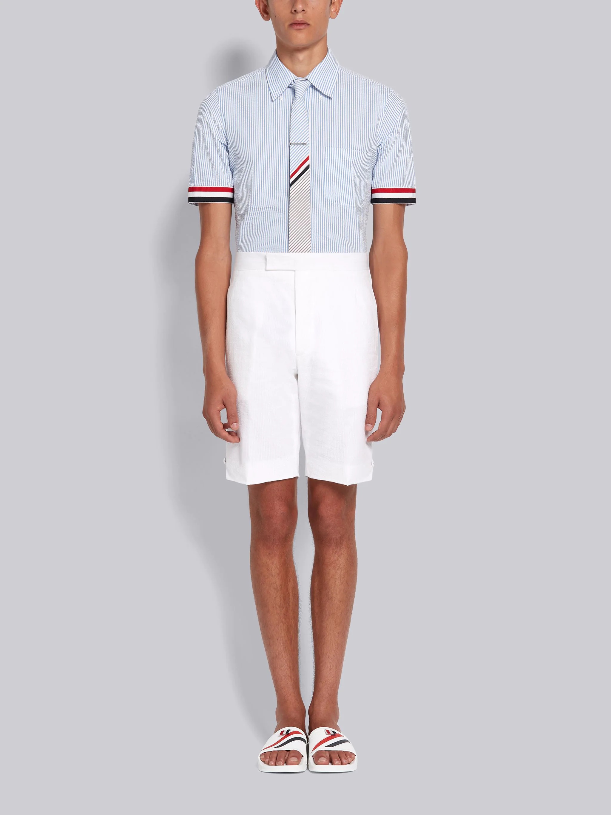 Light Blue Cotton Seersucker Grosgrain Cuff Straight Fit Short Sleeve Shirt - 5