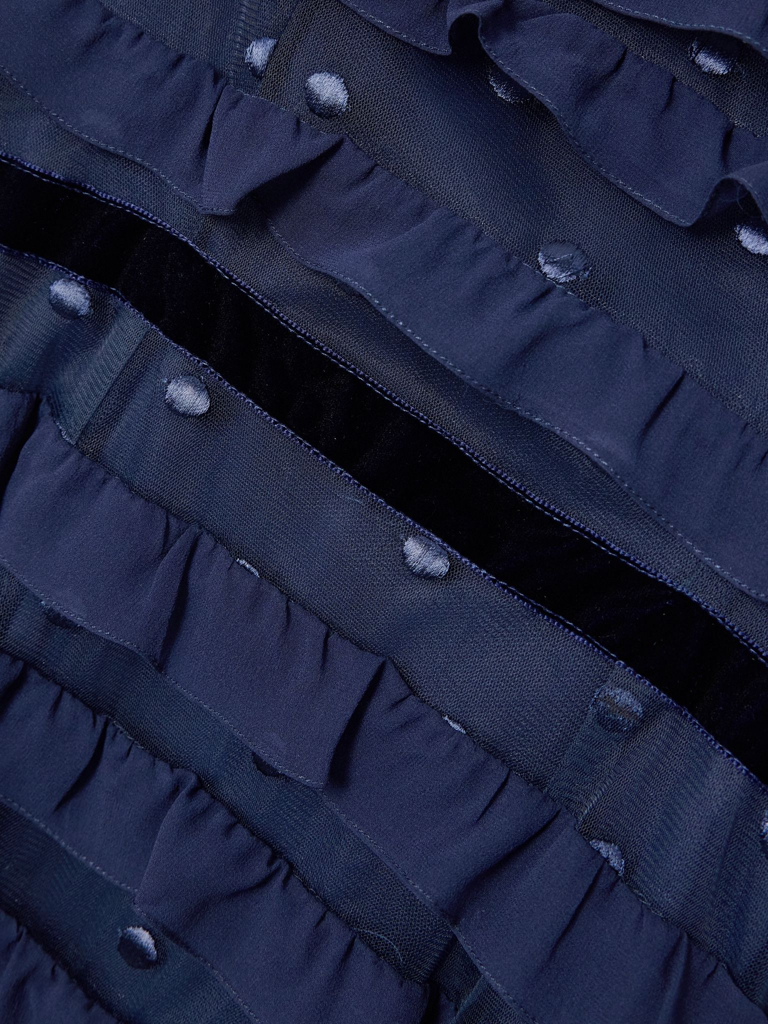 Velvet-trimmed point d'esprit and ruffled chiffon midi dress Navy - 4
