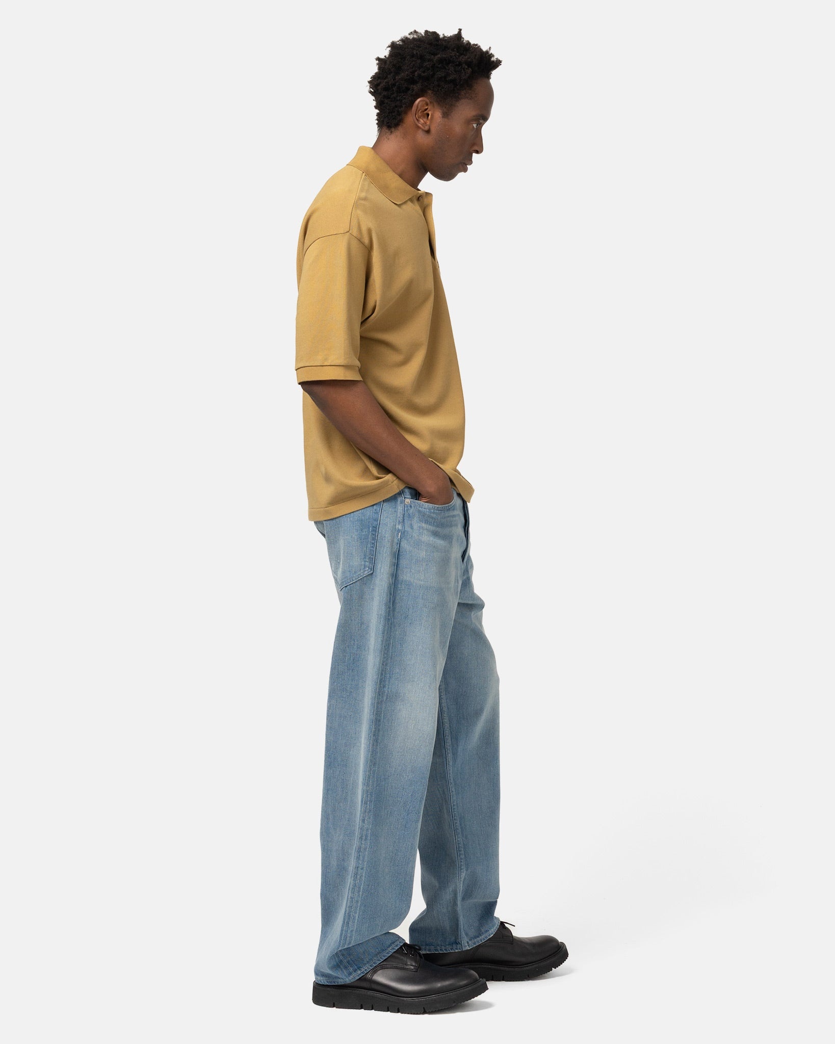 Selvedge Faded Light Denim Wide Pants Light Indigo - 3