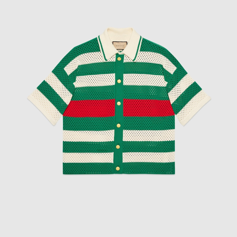 Cotton crochet striped polo T-shirt 1