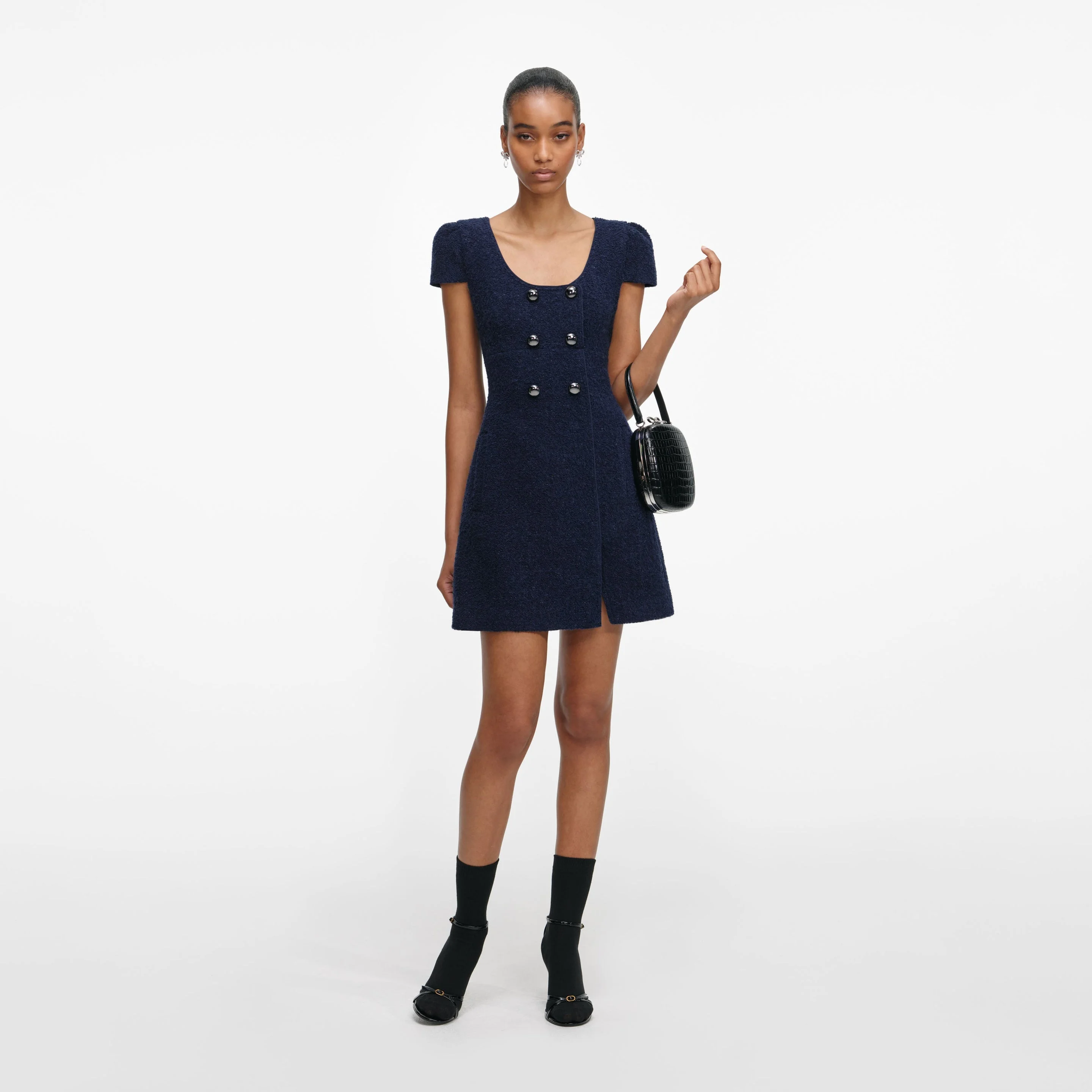 Navy Textured Boucle Mini Dress - 1