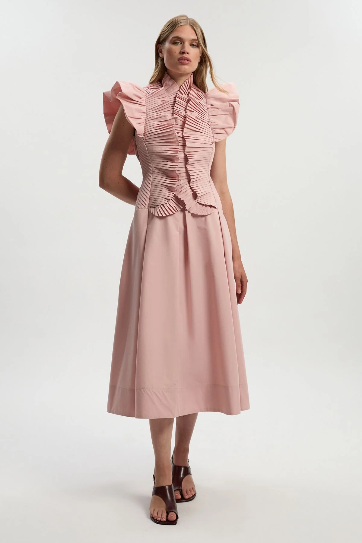 Pleated Ruffle Sleeve Woven Maxi Dress - 1