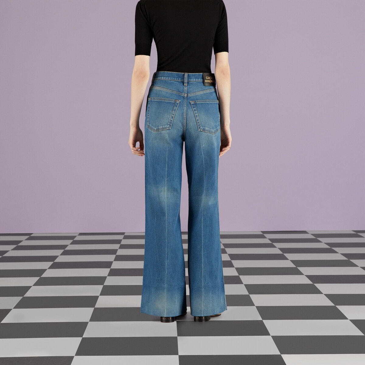 Denim flare pant with Gucci label - 7