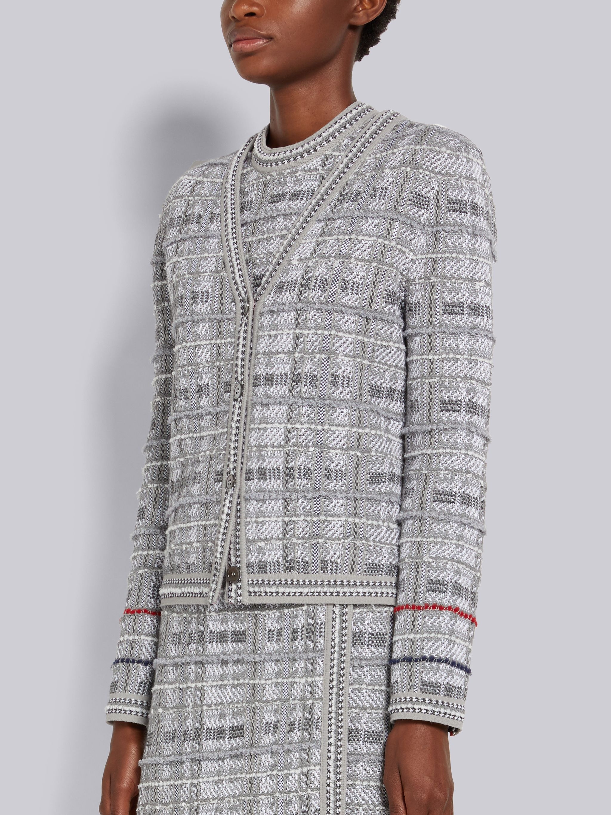 Tonal Grey Hairline Madras Check Jacquard Stripe Inlay V-Neck Cardigan - 2