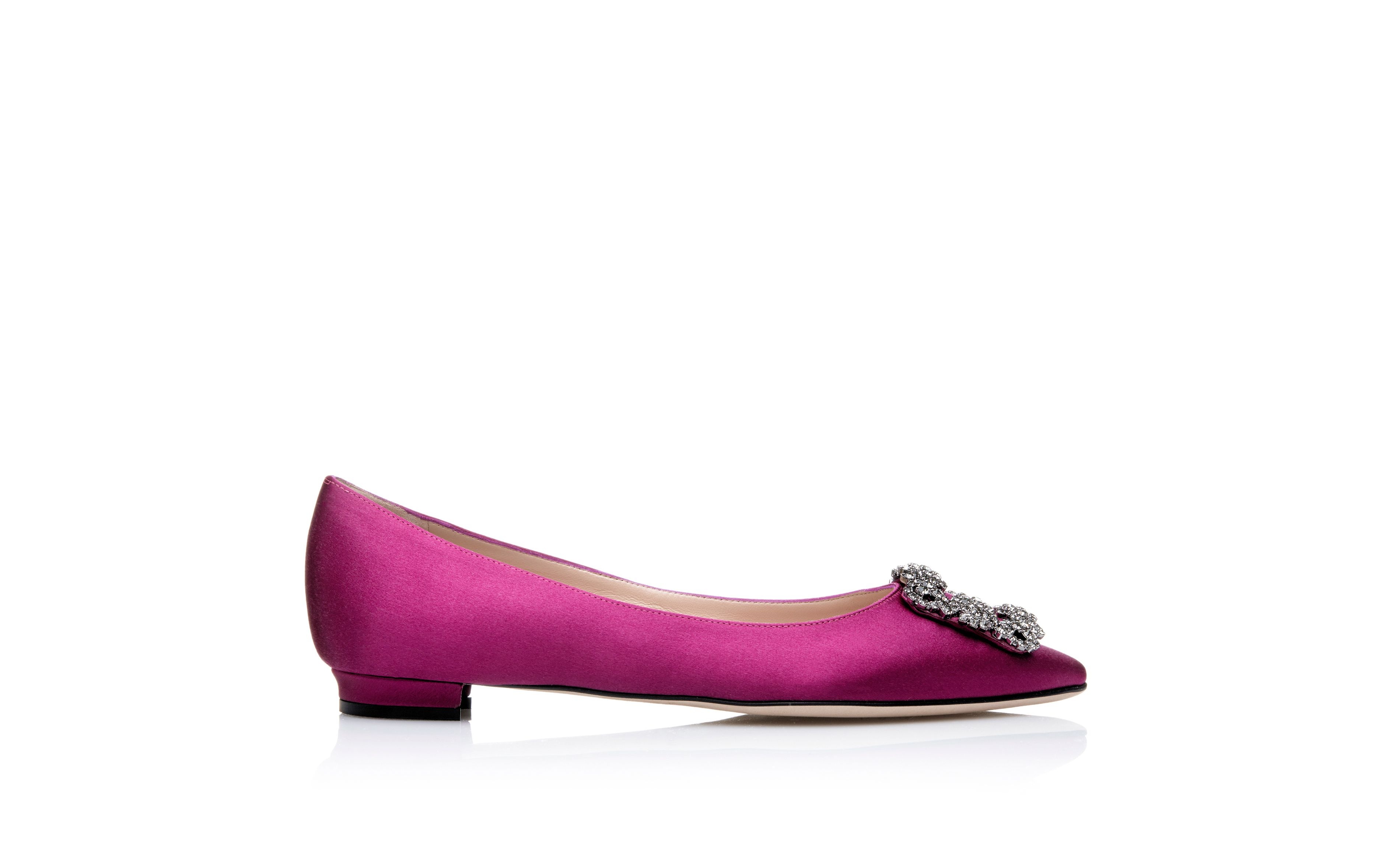 Dark Fuchsia Satin Jewel Buckle Flat Shoes - 1