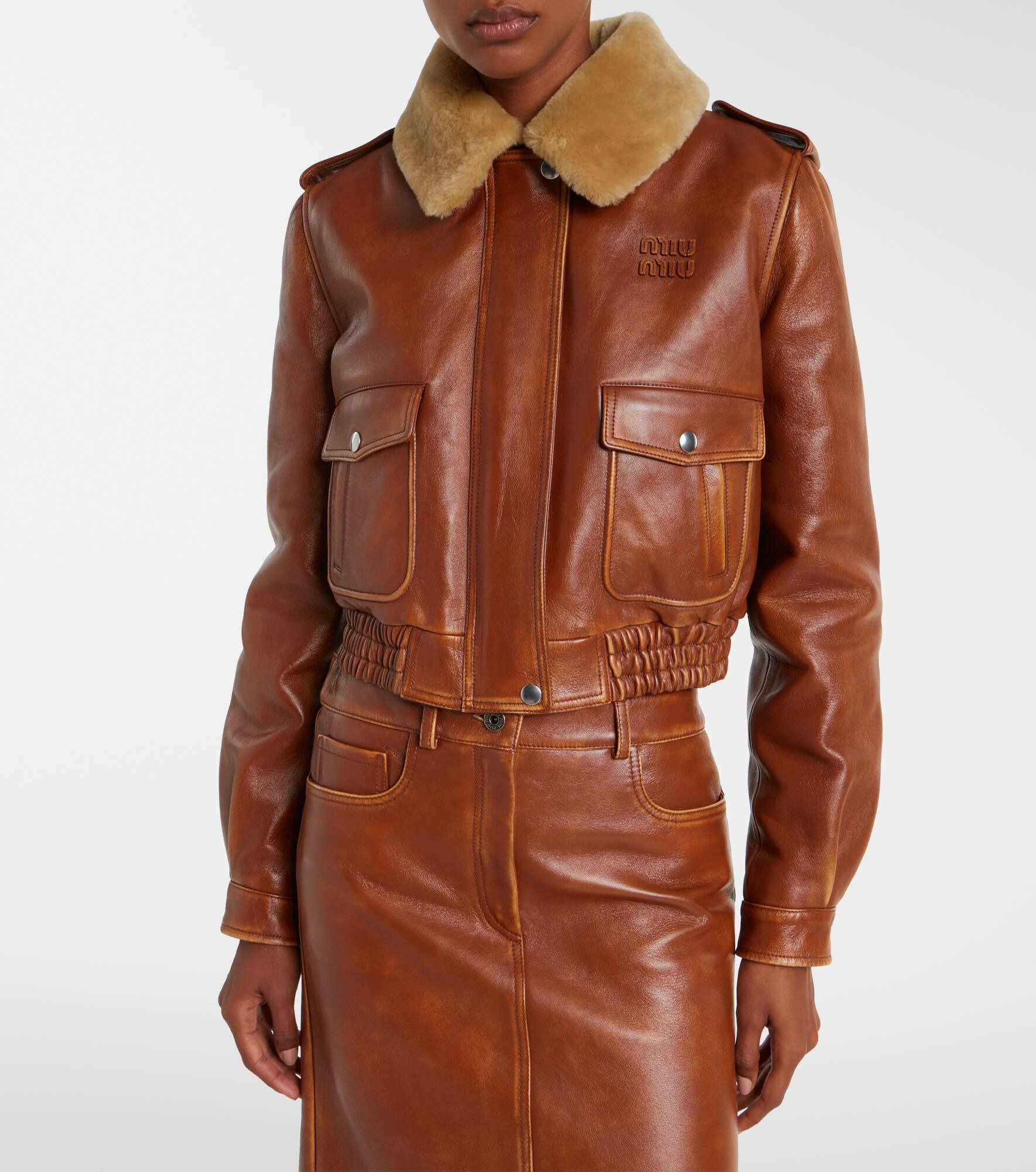 Shearling-trimmed leather jacket - 7
