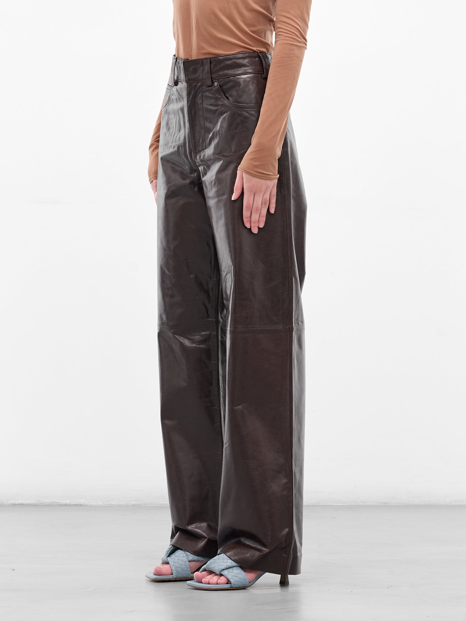 Dark Brown Leather Straight Trousers - 2