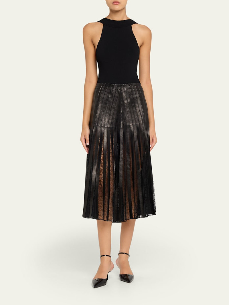 BRANDON MAXWELL Alix Lace-Inset Pleated Leather Midi Skirt outlook