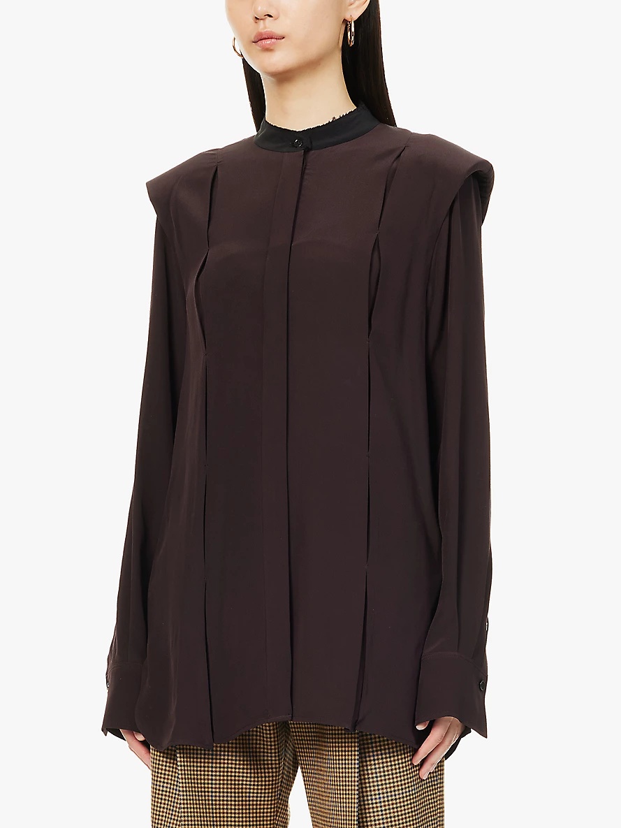 Contrast-collar padded-shoulders silk shirt - 3