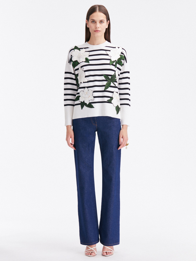 Oscar de la Renta STRIPED GARDENIA THREADWORK PULLOVER outlook