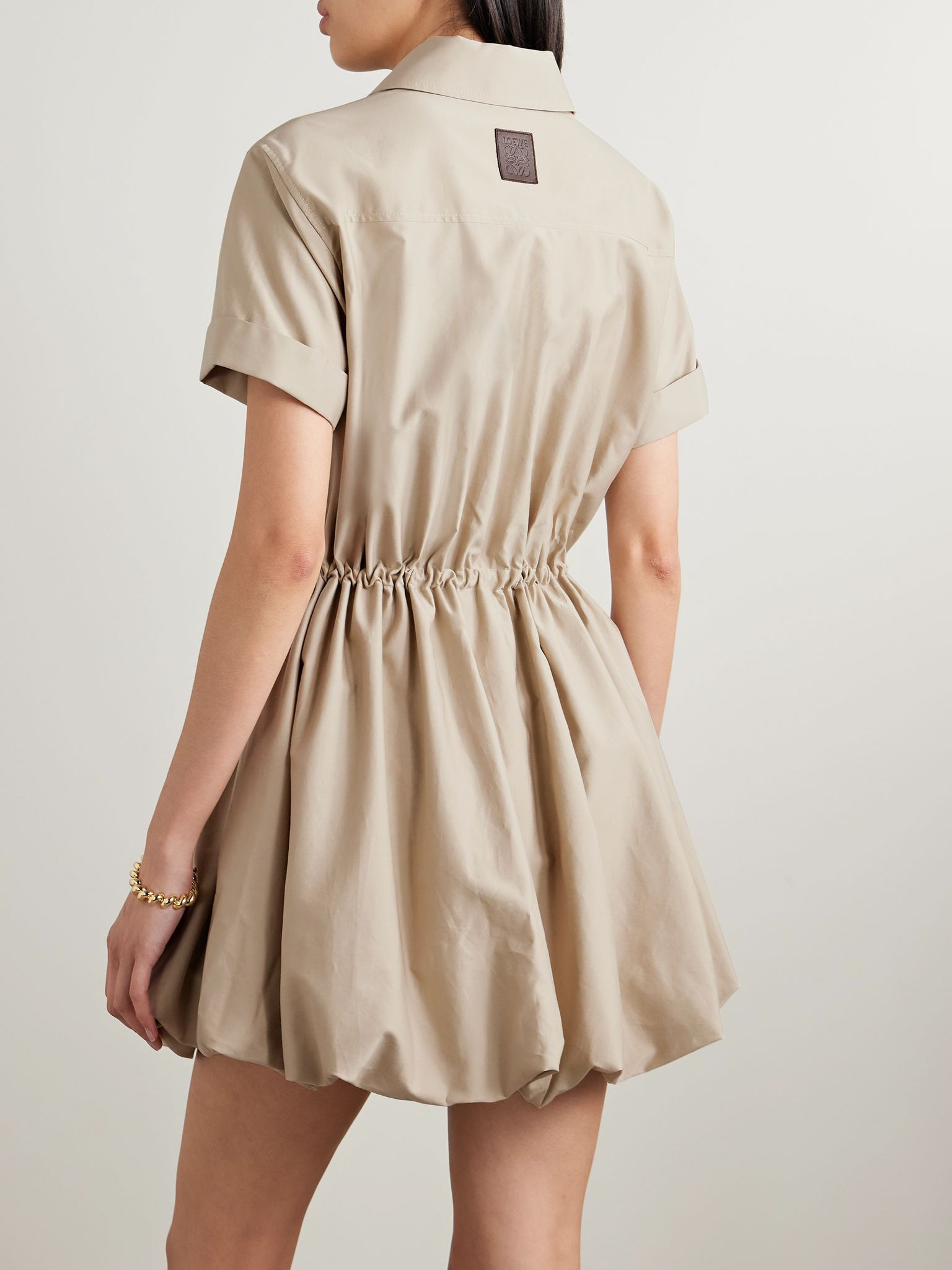 Leather-trimmed gathered cotton and silk-blend poplin mini shirt dress Beige - 3