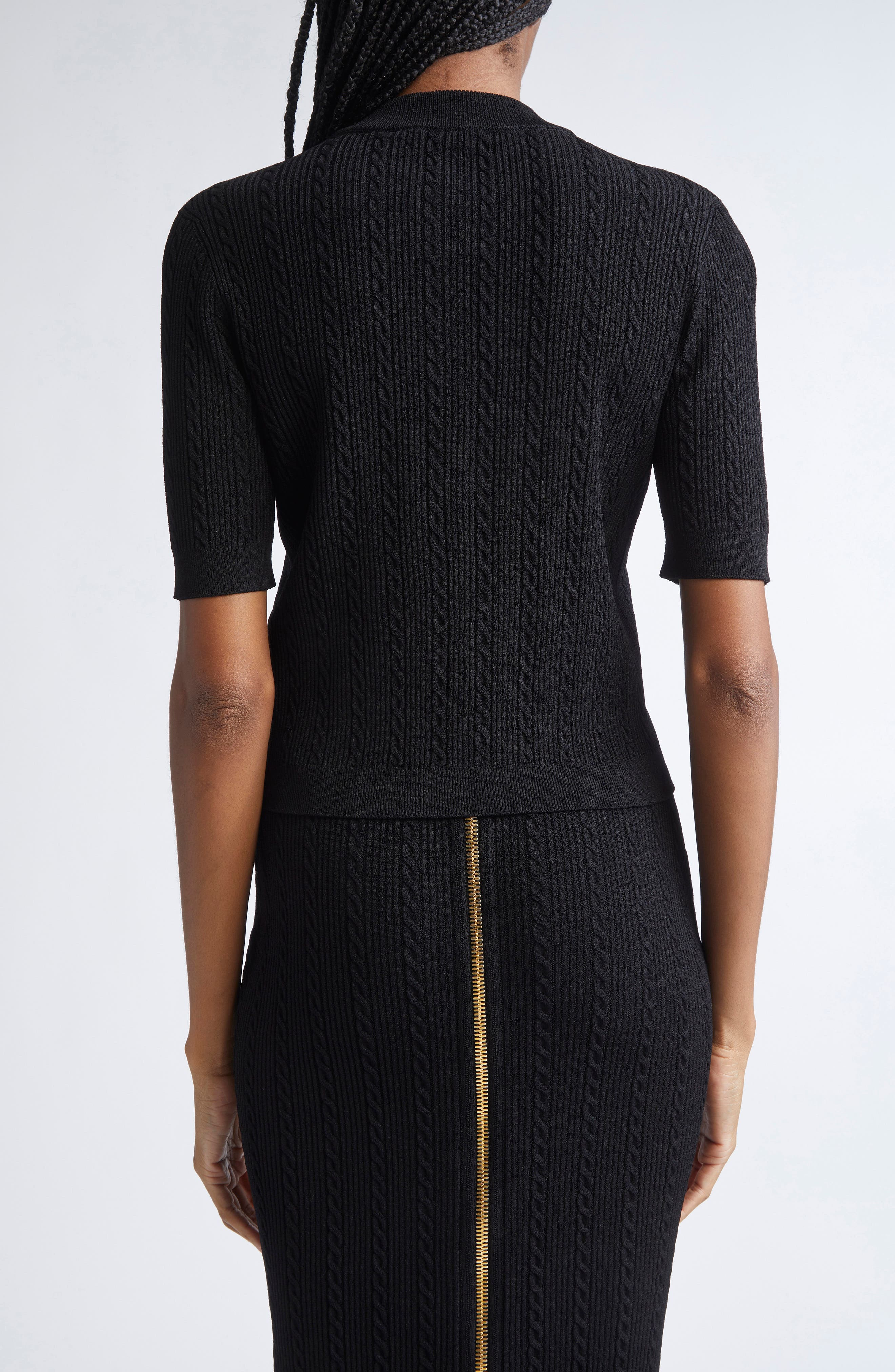 Balmain Cable Stitch Short Sleeve Cardigan in 0Pa Black at Nordstrom - 3