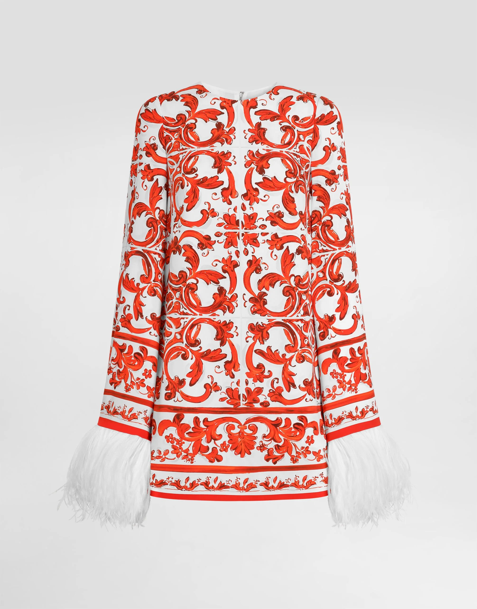 Majolica-print charmeuse dress with feather trim - 1