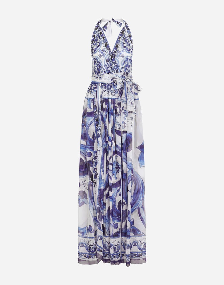 Long sleeveless chiffon dress with majolica print - 1